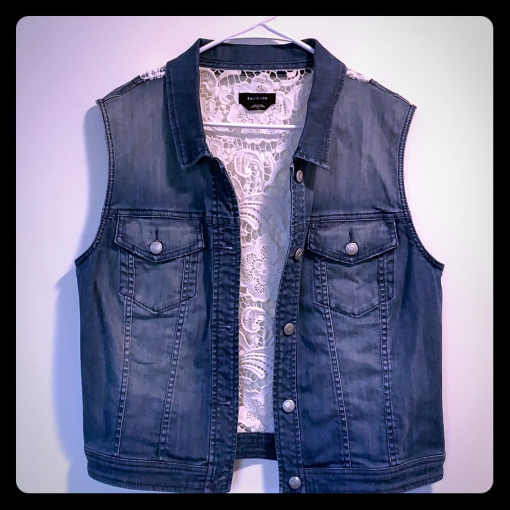 Bebe stretch jean and crochet back vest